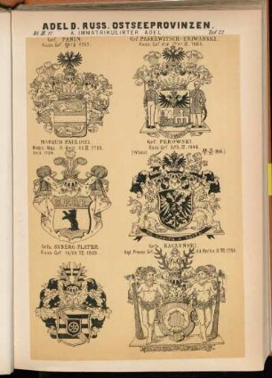 Taf. 22. Grf. Panin Russ. Grf. 22/IX ; 3/X.1767. - Grf. Paskewitsch-Eriwanski. Russ. Grf. d. d. 15/27.III.1828. - Marquis Paulucci. Mediz. Mqu. R-Best. 20.XI.1783. 24.2.1734. - Grf. Perowski. Russ. Grf. 3/15.IV.1846. (Wbest. 28/9. ; 10/XI 1849.). - Grfn. Syberg-Plater. Russ. Grf. 10/22.VII.1803. - Grfn. Raczyński. Kgl. Preuss. Grf. d. d. Berlin, 6.VII 1798