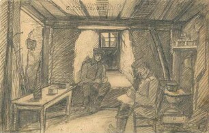 Erster Weltkrieg - Postkarten "Aus großer Zeit 1914/15". Feldpostkarte mit selbst angefertigter Bleistiftzeichnung auf der Bildseite