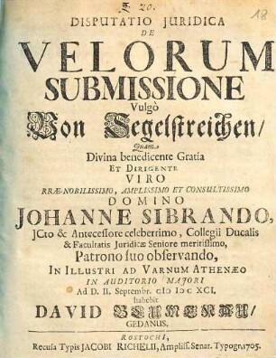 Disputatio Juridica De Velorum Submissione Vulgò Von Segelstreichen