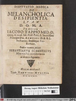 Disputatio Medica De Melancholica Desipientia