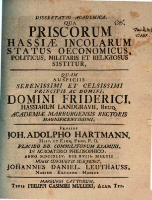 Dissertatio academica, qua priscorum Hassiae incolarum status oeconomicus, politicus, militaris et religiosus sistitur