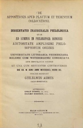 De appositionis apud Plautum et Terentium collocatione