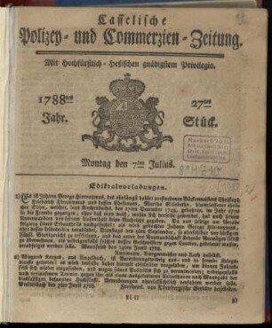 27tes Stueck, Montag den 7ten Julius. 1788