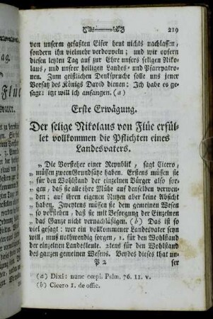 Erste Erwägung. Der selige Nikolaus von Flüe erfüllet vollkommen die Pflichten eines Landesvaters.