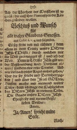 Beschluß und Wunsch für alle wahre Glaubens-Genossen.