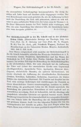 183-184 [Rezension] Wagner, Friedrich, Der Sittlichkeitsbegriff in der Hl. Schrift und in der altchristlichen Ethik