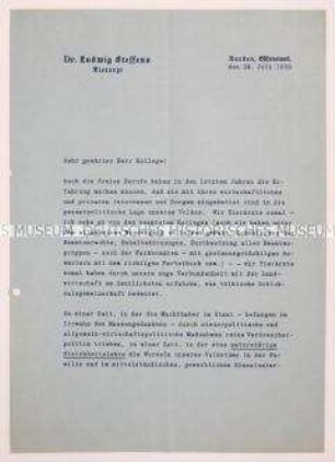 Offener Brief eines Tierarztes an seine Kollegen mit Wahlpropaganda für die DNVP zur Reichstagswahl im Juli 1932
