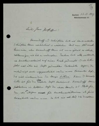 Nr. 16: Brief von Otto Blumenthal an David Hilbert, Aachen, 13.11.1907