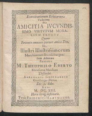 Exercitationum Ethicarum Undecima De Amicitia Iucundissimo Virtutum Moralium Fructu
