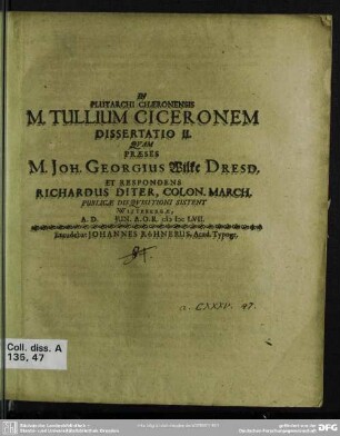 2: In Plutarchi Chaeronensis M. Tullium Ciceronem Dissertatio
