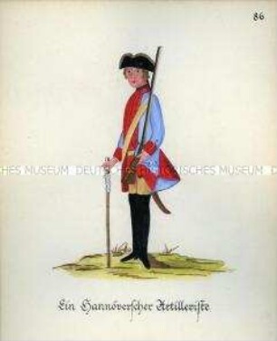 Uniformdarstellung, Artillerist, Kurfürstentum Braunschweig-Lüneburg, 1760/1761. Kopie der Originaltafel 86 aus Becher: Wahrhaftige Nachrichten.