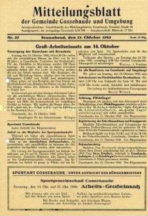 Kommunales Mitteilungsblatt u.a. mit dem Aufruf zu einem Arbeitseinsatz sowie privaten und gewerblichen Anzeigen