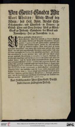 Von Gottes Gnaden Wir Carl Philipp, Pfaltz-Graff bey Rhein, des Heil. Röm. Reichs Ertz-Schatzmeister, und Churfürst, ... Unseren gnädigsten Gruß zuvor: Liebe Getreue; Was Wir unterm 30. Martii jüngst an alle Unsere Gülich- und Bergische Beambten, der Ziegeuner, Vagabunden und Juden halber, gnädigst verordnet und befohlen haben, werdet ihr euch unterthänigst zu erinneren wissen ... : Düsseldorff den 3. Junii 1729