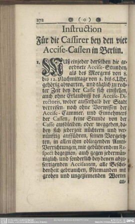 Instruction Für die Cassirer bey den vier Accise-Cassen in Berlin