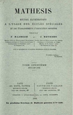 TOME CINQUIÉME JUILLET 1885.