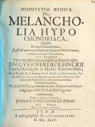 Disputatio Medica De Melancholia Hypochondriaca
