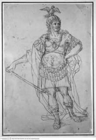 Männliche Figur in römischer Rüstung - Studie für eine männliche Figur in römischer Rüstung sowie Federproben