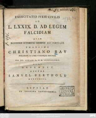 Exercitatio Ivris Civilis Ad L. LXXIX. D. Ad Legem Falcidiam