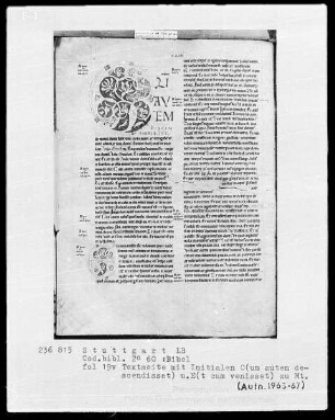 Bibel — Initiale C (um autem descendisset) & Initiale E (t cum venisset), Folio 19 verso
