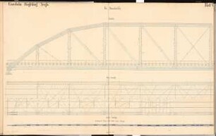 Eisenbahnbrücke über den Rhein, Düsseldorf Schinkelwettbewerb 1867: Flussbrücke: Grundriss (4 Ebenen), Aufriss Seitenansicht, Detail 1:60; Maßstabsleiste