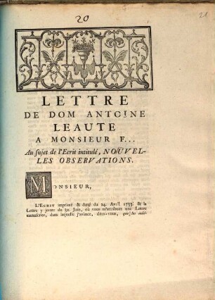 Lettre De Dom Antoine Leaute A Monsieur F... Au sujet de l'Ecrit intitulé, Nouvelles Observations : [En l'Abbaye de S. Germain d'Auxerre ce 19. Décembre 1733.]
