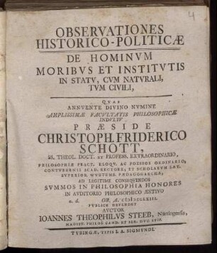 Observationes Historico-Politicæ De Hominum Moribus Et Institutis In Statu, Cum Naturali, Tum Civili