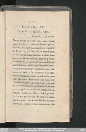 Lettre XV. Réponse d'Edouard. Kussnacht, ce 13 octobre.