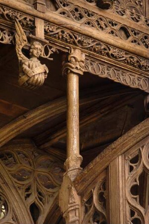 Frankreich. Bretagne. Finistere. Lambader. Chapelle Notre Dame. 15 Jahrhundert. Geschnitzter Lettner im Flamboyantstil. 1481