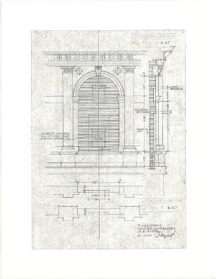 Döllgast, Hans; München; Alte Pinakothek, Wiederaufbau - Fenster Kopfbauten (Aufriss, Schnitt)