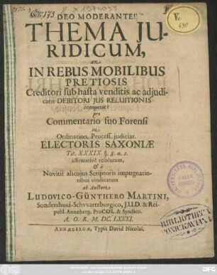 Thema Iuridicum, an In Rebus Mobilibus Pretiosis Creditori sub hasta venditis ac adiudicatis Debitori Ius Reluitionis competat?