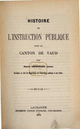 Histoire de l'instruction publique dans le canton de Vaud