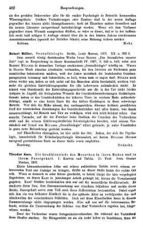 462-463, Theodor Kaes. Die Großhirnrinde des Menschen in ihren Maßen und in ihrem Fasergehalt. I: Kurven und Tafeln. II: Text. 1907