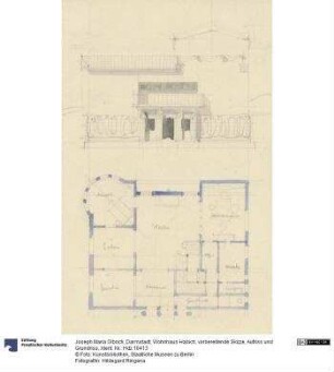 Darmstadt, Wohnhaus Habich, vorbereitende Skizze, Aufriss und Grundriss