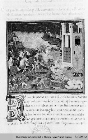 Plutarch: Vita Alexanders des Großen : Textseite mit ornamentaler Initiale (D) und Miniatur: Schlacht Alexanders