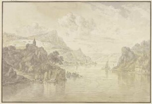 Blick in ein Flusstal mit felsigen Ufern, links auf einem Felsen eine Kirche
