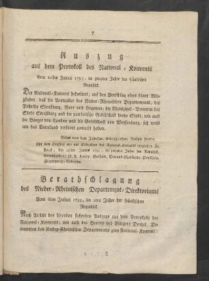 Berathschlagung des Nieder-Rheinischen Departement-Direktoriums ...