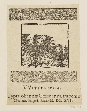Zwei Adler, darüber und darunter Schmuckrahmen mit Hasen