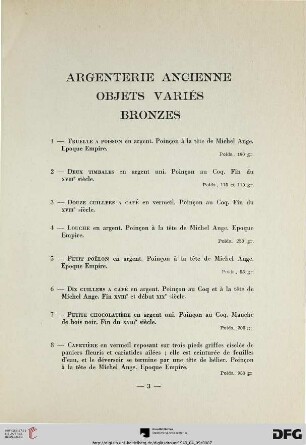 Argenterie ancienne – Objets varies – Bronzes (Nr. 1-28) avec planches III-IV