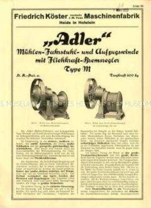 Adler Mühlen-Fahrstuhl- und Aufzugswinde mit Fliehkraft-Bremsregler Type M / Liste 70