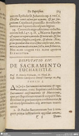 Disputatio XIV. De Sacramento Eucharistiae