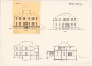 Architekten-Wohnhaus: 2 Nordansichten mit Variante, Südansicht, 2 Schnitte