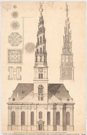 Fassade und Details der »Vor Frelsers Kirke«, Kopenhagen: Vorderansicht (Turm mit Außentreppe), Schnitt des Turmes, 7 Grundrisse des Turmes