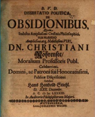 Diss. polit. de obsidionibus