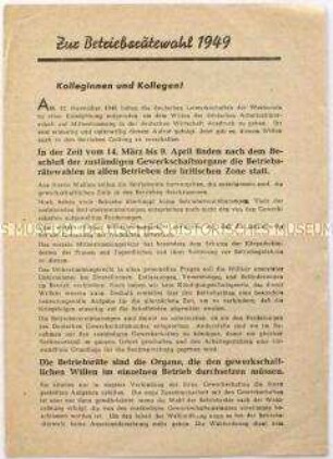 Informationsblatt des Deutschen Gewerkschaftsbundes zu den Betriebsrätewahlen in der britischen Besatzungszone 1949