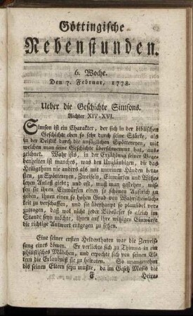6. Woche. Den 7. Februar, 1778