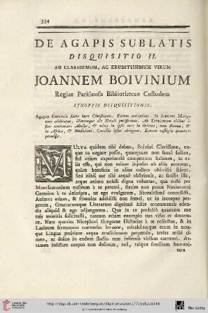 Disquisitio II: De Agapis Sublatis. Ad Clarissimum, ac Eruditissimum Virum Joannem Boivinium