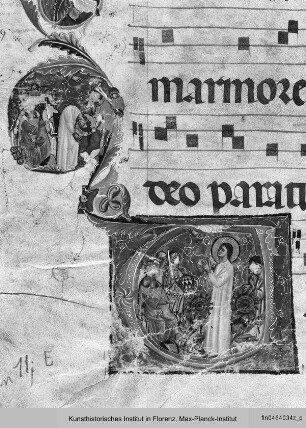 Antiphonar H : Blatt mit Verurteilung, Enthauptung und Beisetzung der heiligen Katharina von Alexandrien