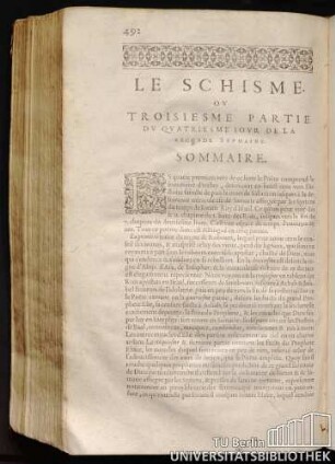 Le Schisme Ou Troisiesme Partie Du Quatriesme Iour De La Seconde Sepmaine. Sommaire.