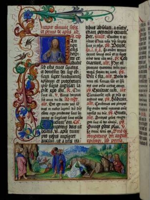 Bas-de-page-Miniatur: Apostelabschied; historisierte Initiale: I(am non estis hospites), Salvator mundi; Rankenbordüre
