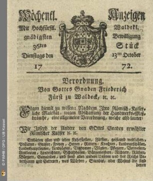 36tes Stueck, Dienstags den 13ten October 1772